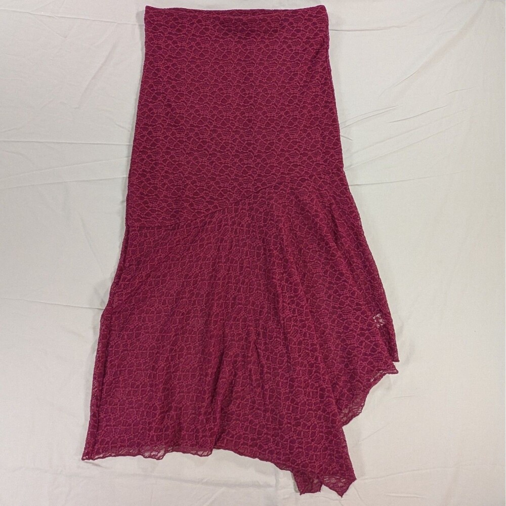 Urban Social Skirt Womens Medium Burgundy Boho Lace Trim Asymmetric Midi